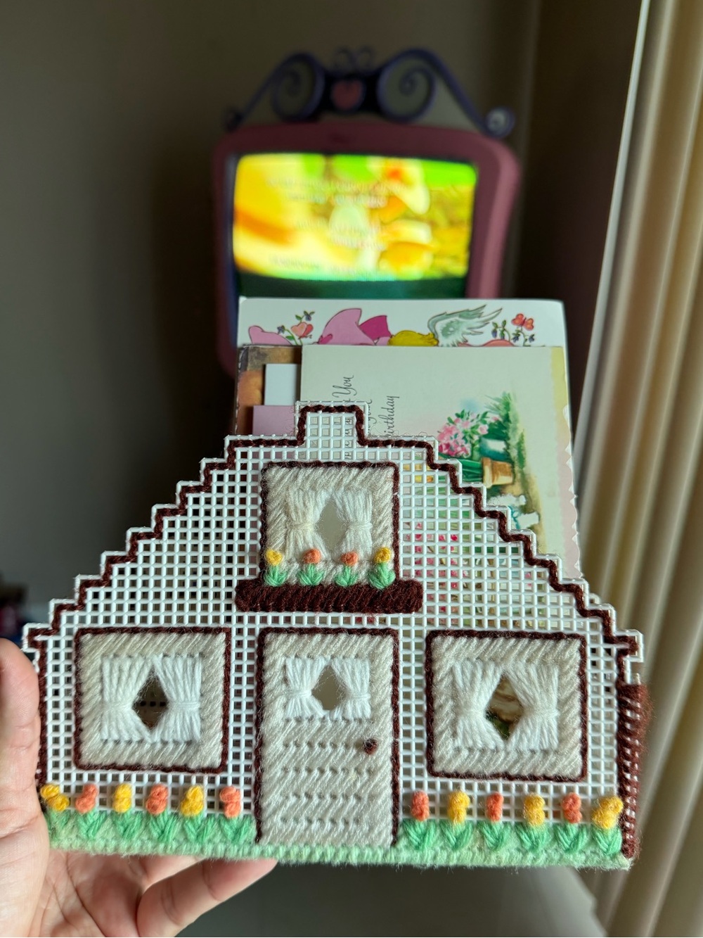 Vintage Embroidered Cottagecore needlepoint house decorative napkin holder